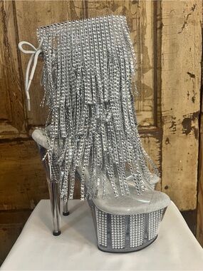 Pleaser Crystal Fringe Platform Heels | Rhinestone Silver Clear | NIB Size 8